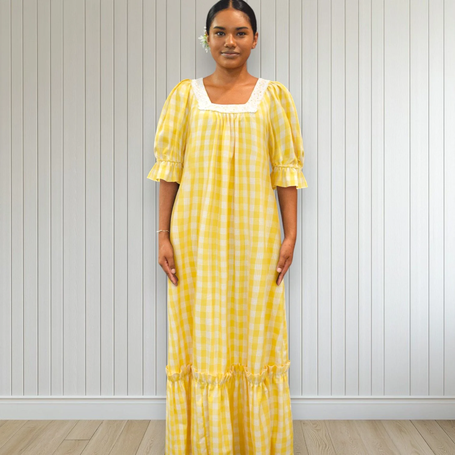 Yellow Palaka Half Sleeve Muumuu with Elegant Lace Trim 8891